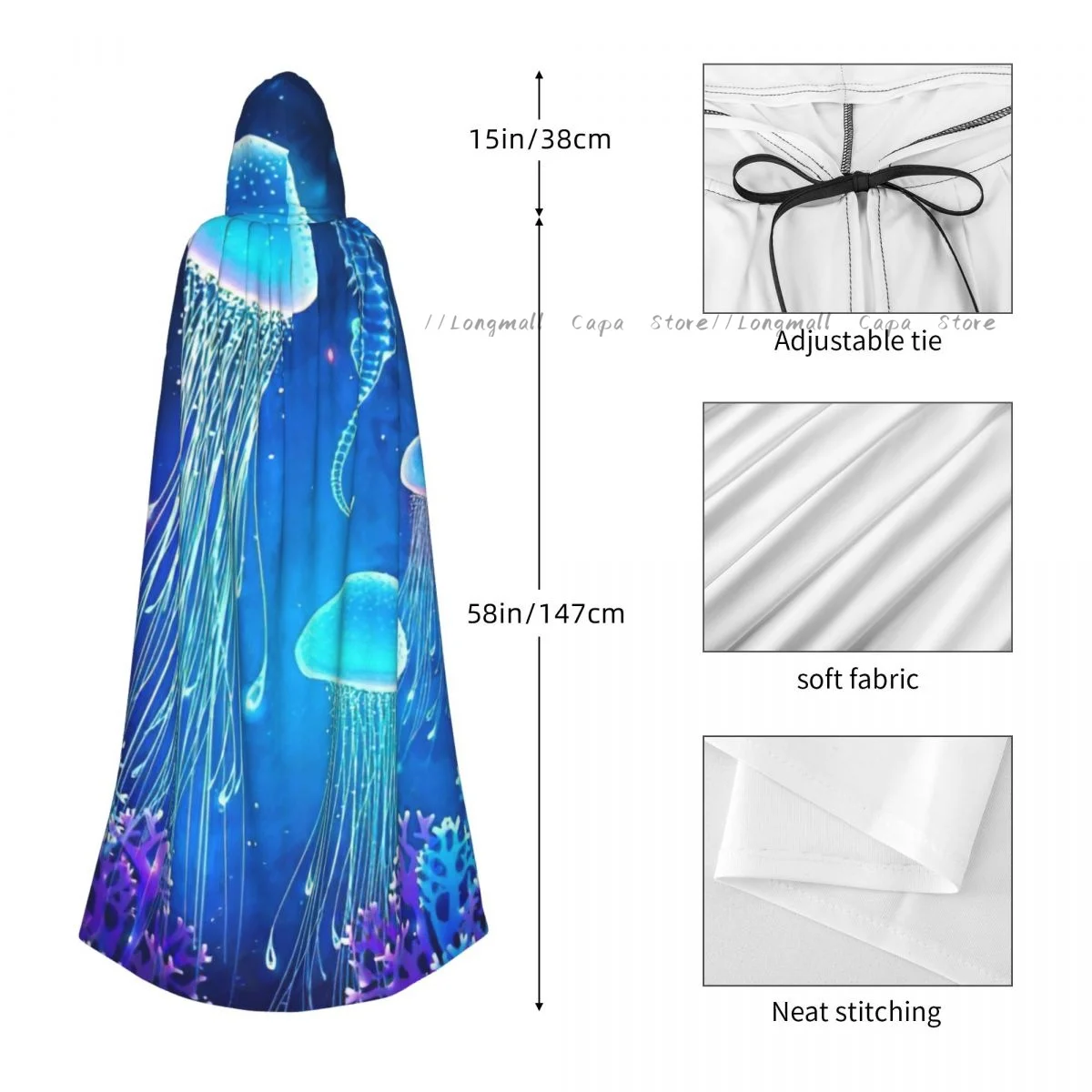 Magic Glowing Jellyfish Underwater Hooded Cloak Coat Halloween Cosplay Costume Vampire Devil Wizard Cape Gown Party image 5