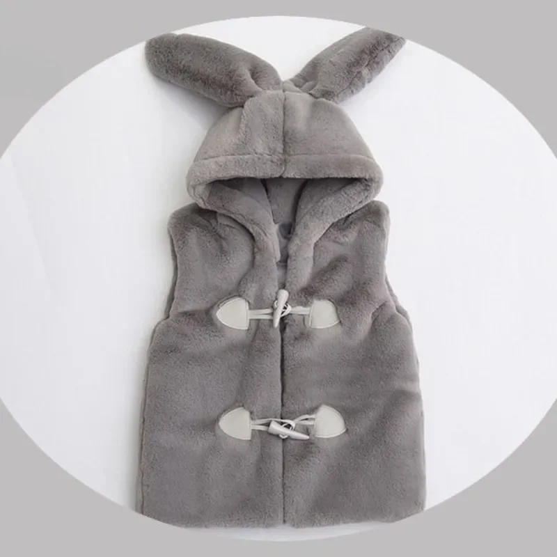 Kids' Faux Fur Hooded Vest Winter Outerwear Korean Style Thickened Fluffy Cape for Girls Plus Size Warmth with Detachable Hood