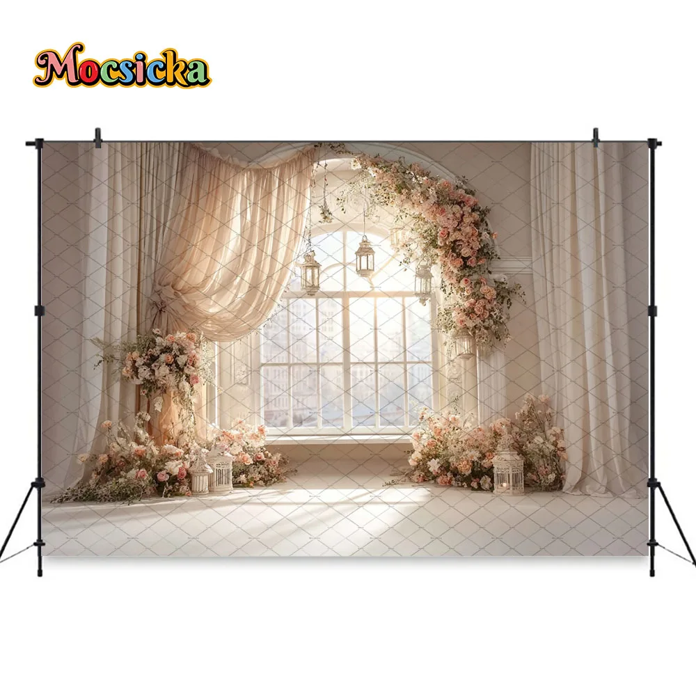 Mocsicka Pink Floral Room Maternity Portrait Backdrop Window Draped Curtain Lantern Background Wedding Birthday Party Photobooth