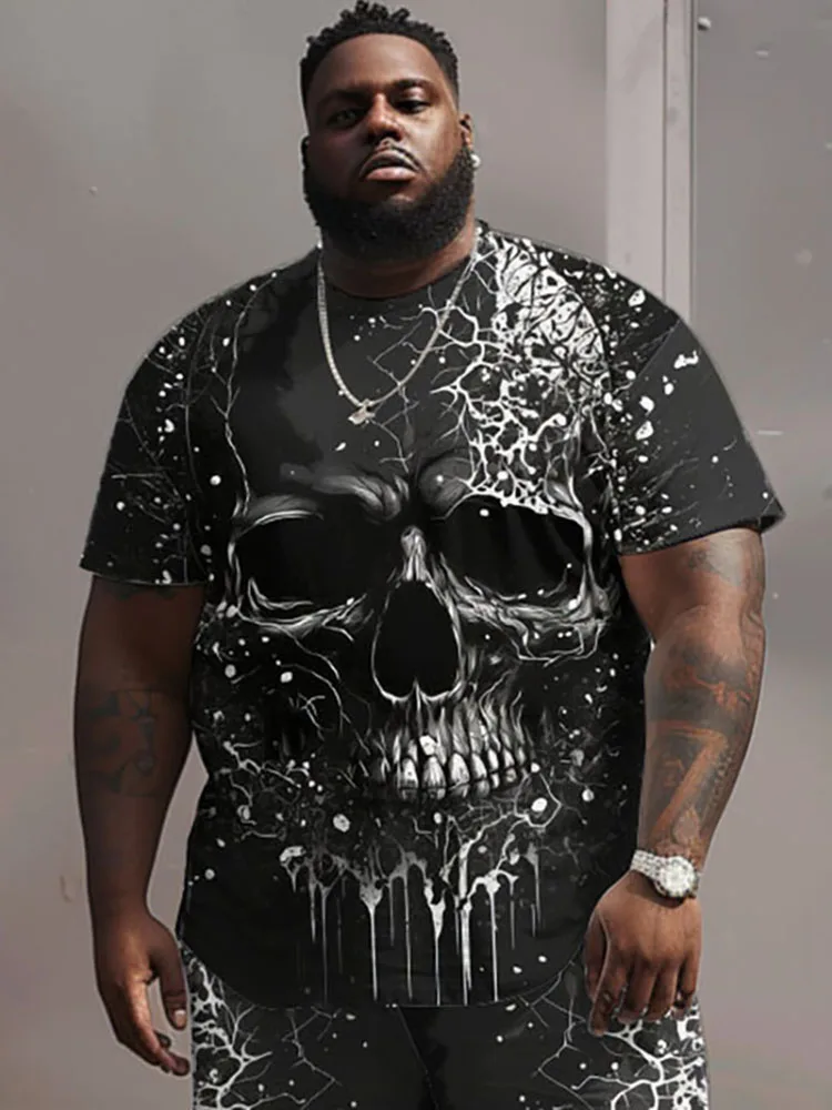 Biggmans Skull Ghost Black Print Halloween Outfit Men Streetwear Casual Top Loose Shorts Suit Male Plus Size L-9XL Two Piece Set