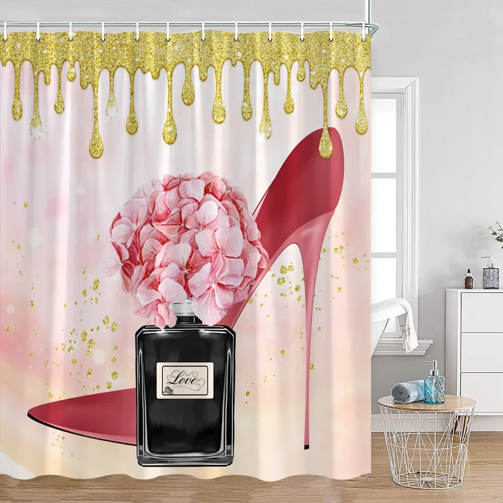 Perfume Golden Glitter Shower Curtains Dripping Glitter (No Sequin) High-heels Roses Elegant Bathroom Decor Fashion Bath Curtain