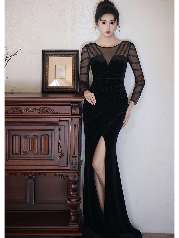 2025 vestido Sexy transparente de malla de retales de terciopelo negro para mujer vestido de noche de lujo Hepburn Vintage Otoño Invierno vestido ajustado coreano