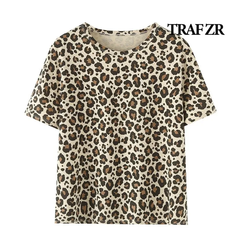 TRAF ZR Leopard Cotton T-shirts for Women Tops O-neck Summer 2024 Shirt Top Y2k Tshirts Tees Short Sleeve Tee Tshirt