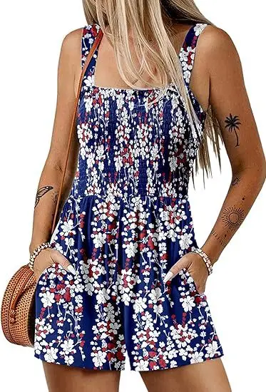 2025 Women's Jumpsuits Sleeveless Square Collar Pleated Flower Printed Pockets High Waist Fashion Straight Slim Beach Rompers