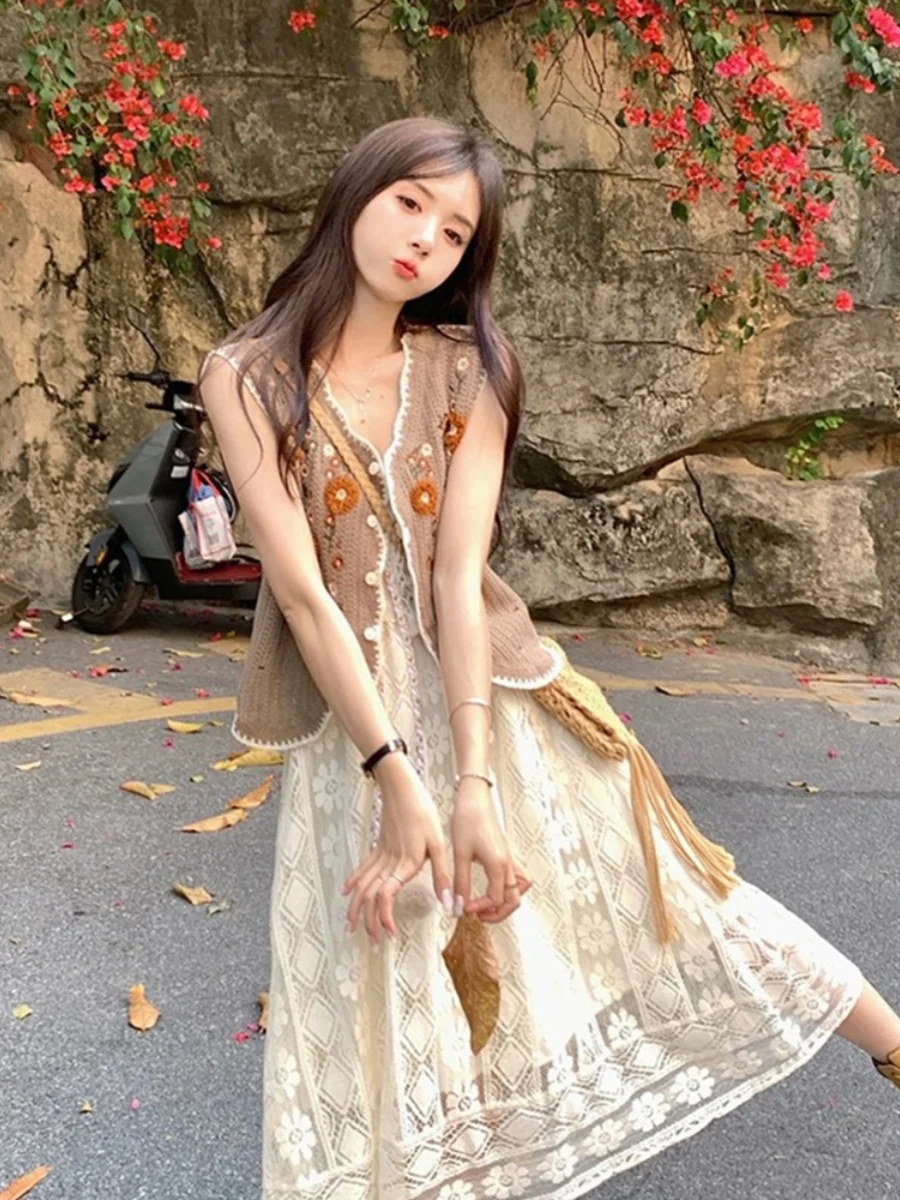 

V-Ne Lace ter Dr женский художественный комплект из двух предметов в стиле ретро для путешествий Vaion, юбка трапециевидной формы с высокой талией, летняя мода