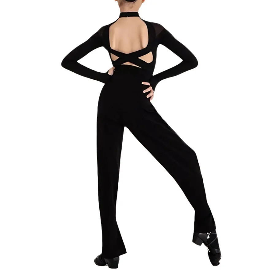 Black Latin Dance Jumpsuit for Kids Sheer Neck Long Sleeve Open Back Ballroom Practice Wear