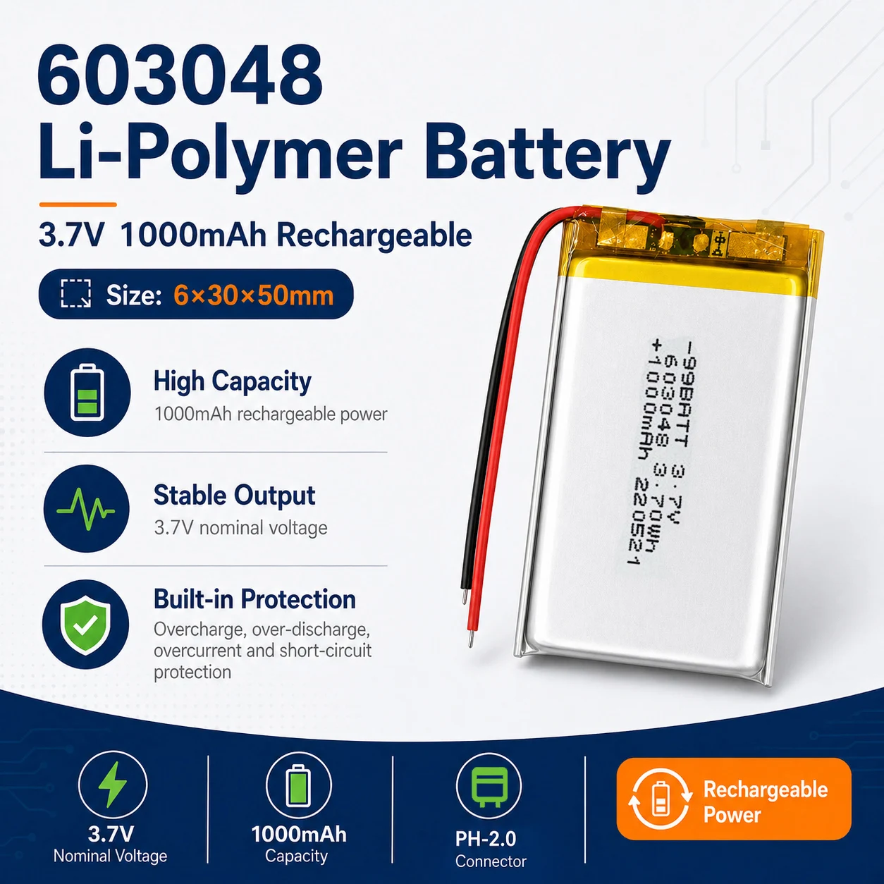 

3.7V 1000mAh 603048 LiPo Rechargeable Battery with PH 2.0 Replacement for GPS Tracker Bluetooth Earphone Digital Camera E-book