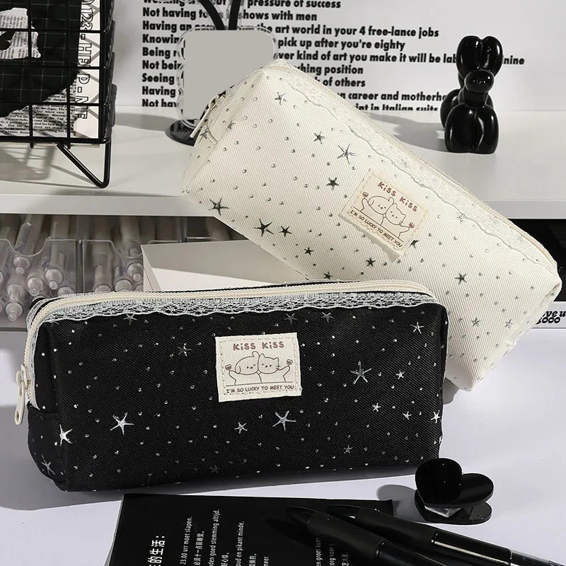 Ins Korean Style Simplicity Cute Student Handheld Stationery Bag Fashion Large Capacity Star Lace Pencil Case for Kids Girl