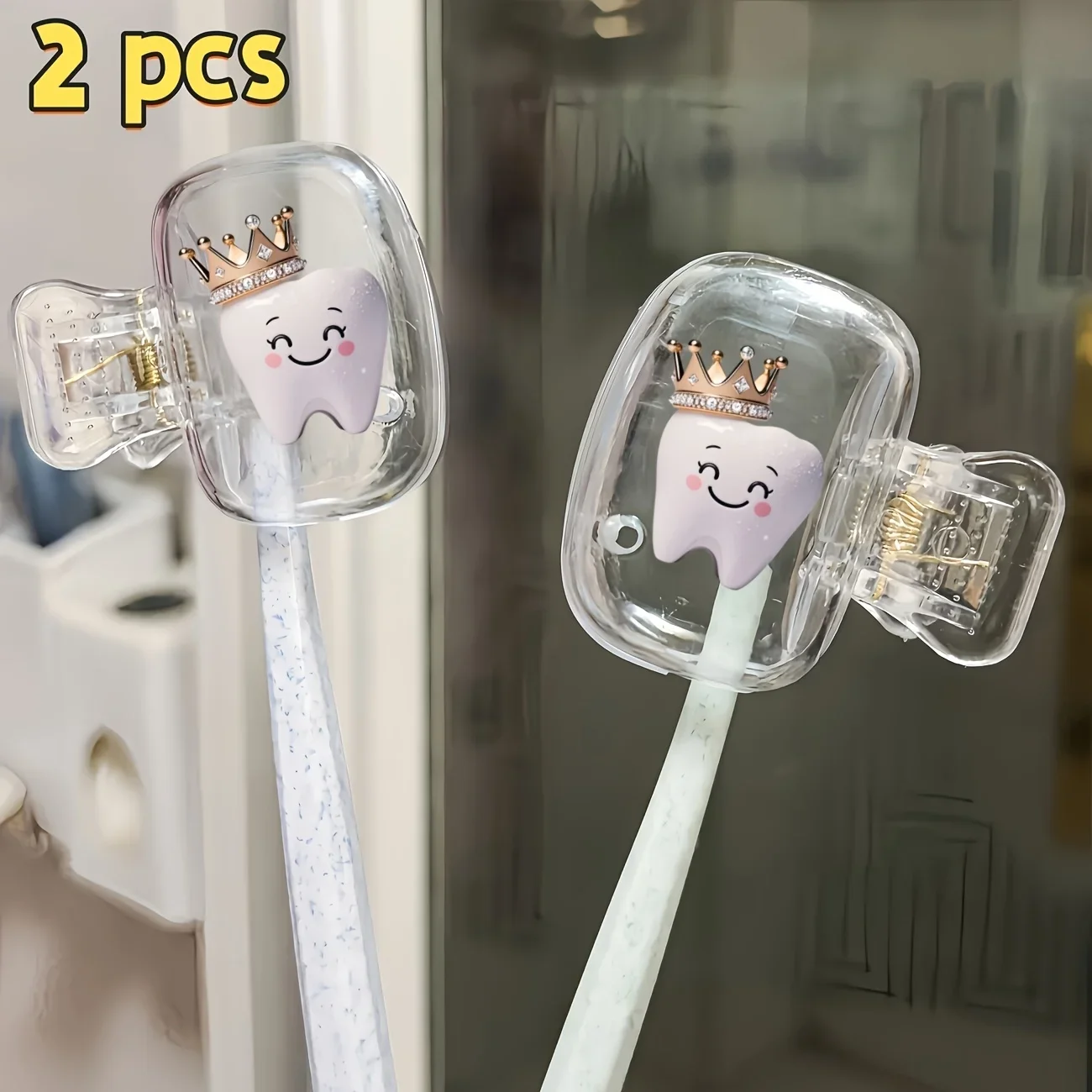 2pcs Little Tooth with Crown Portable Toothbrush Head Cover Bathroom Accessory for Family and Business Travel Outdoor Excursion