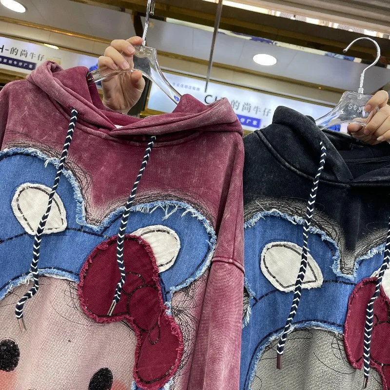 Heavy Industry Patchwork Cartoon Washed Vintage Hoodie Autumn New Loose Slimming Versatile Pullover Top Long-sleeves Sweatshirts