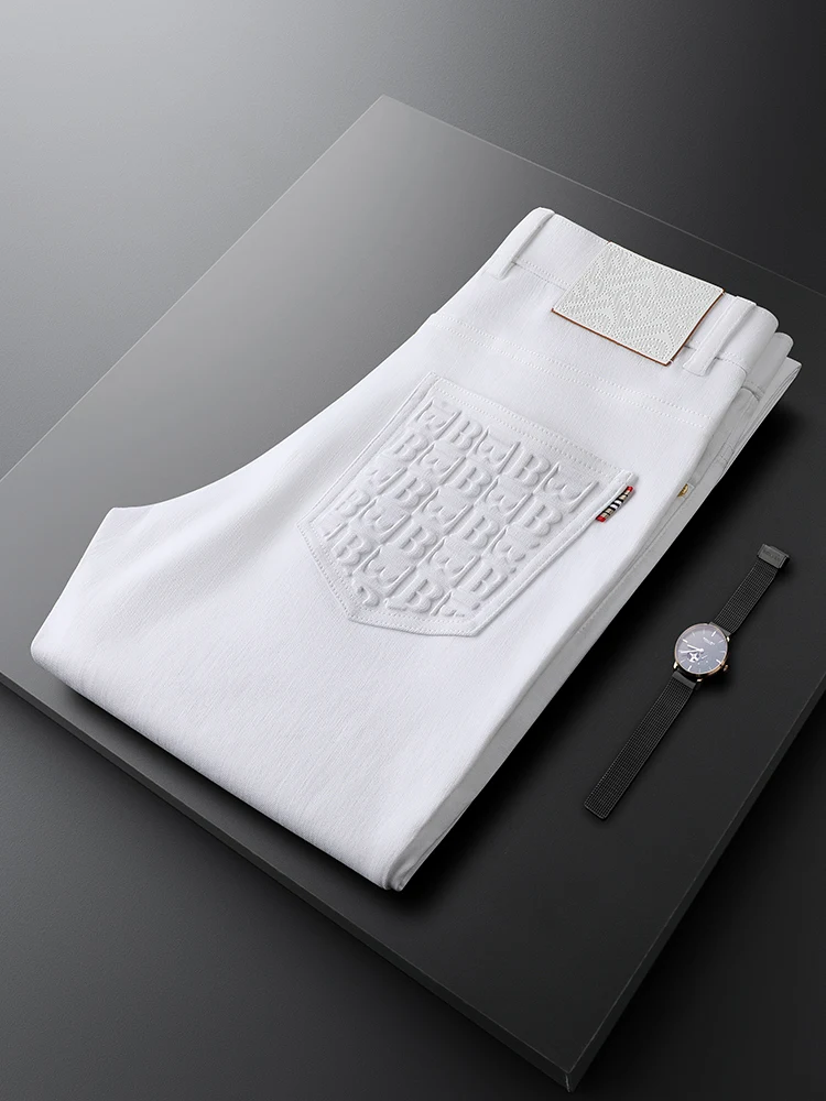 

Casual Busin Straight Leg Men's Jeans Spring Summer White Lightweight Luxury Faionable Youth Cotton Blend