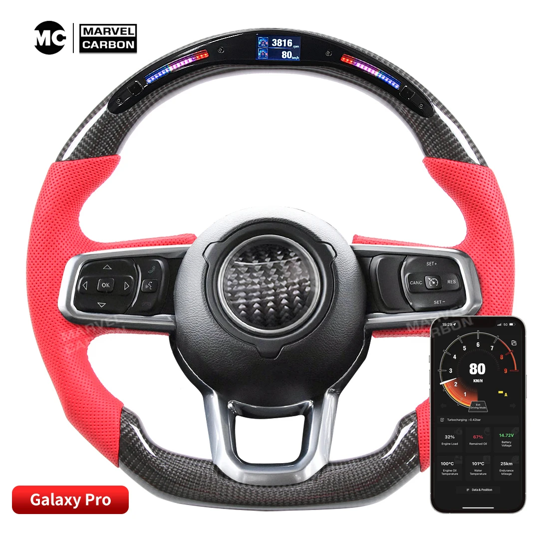 LED Performance Steering Wheel Compatible for Jeep Wrangler 100% Real Carbon Fiber Galaxy Pro Display Perforated Leather