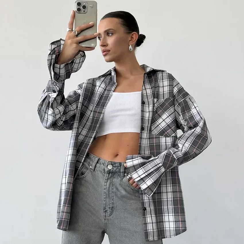 

Повседневная осенняя универсальная клетчатая блузка с длинными рукавами в стиле ретро, винтажная свободная ленивая простая классическая клетчатая рубашка для женских топов