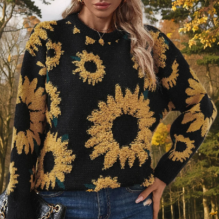 

Conciso Spring Autumn Women's Cute Sunflower Jacquard Crew Neck Long Sleeve Knitted Pullover Loose Women Sweater Outwear Z24144