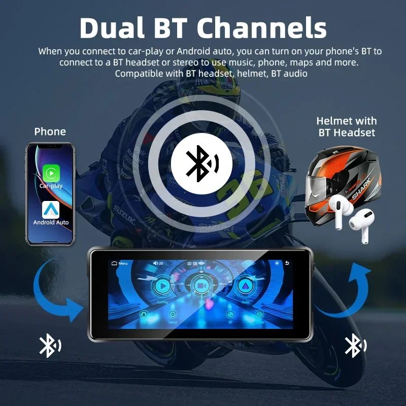 6.86 Inch Motorcycle DVR Portable Waterproof Touch screen Wireless CarPlay Android Auto GPS Navigation Siri Voice Dual Bluetooth
