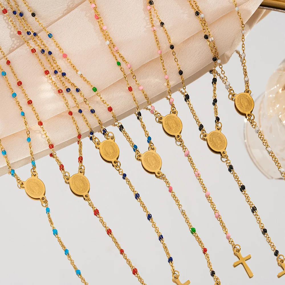 Stainless Steel Catholic Rosary Necklace Colorful Enamel Beads Sweater Chains Lucky Cross & Miraculous Medal Charm Neck Jewelry