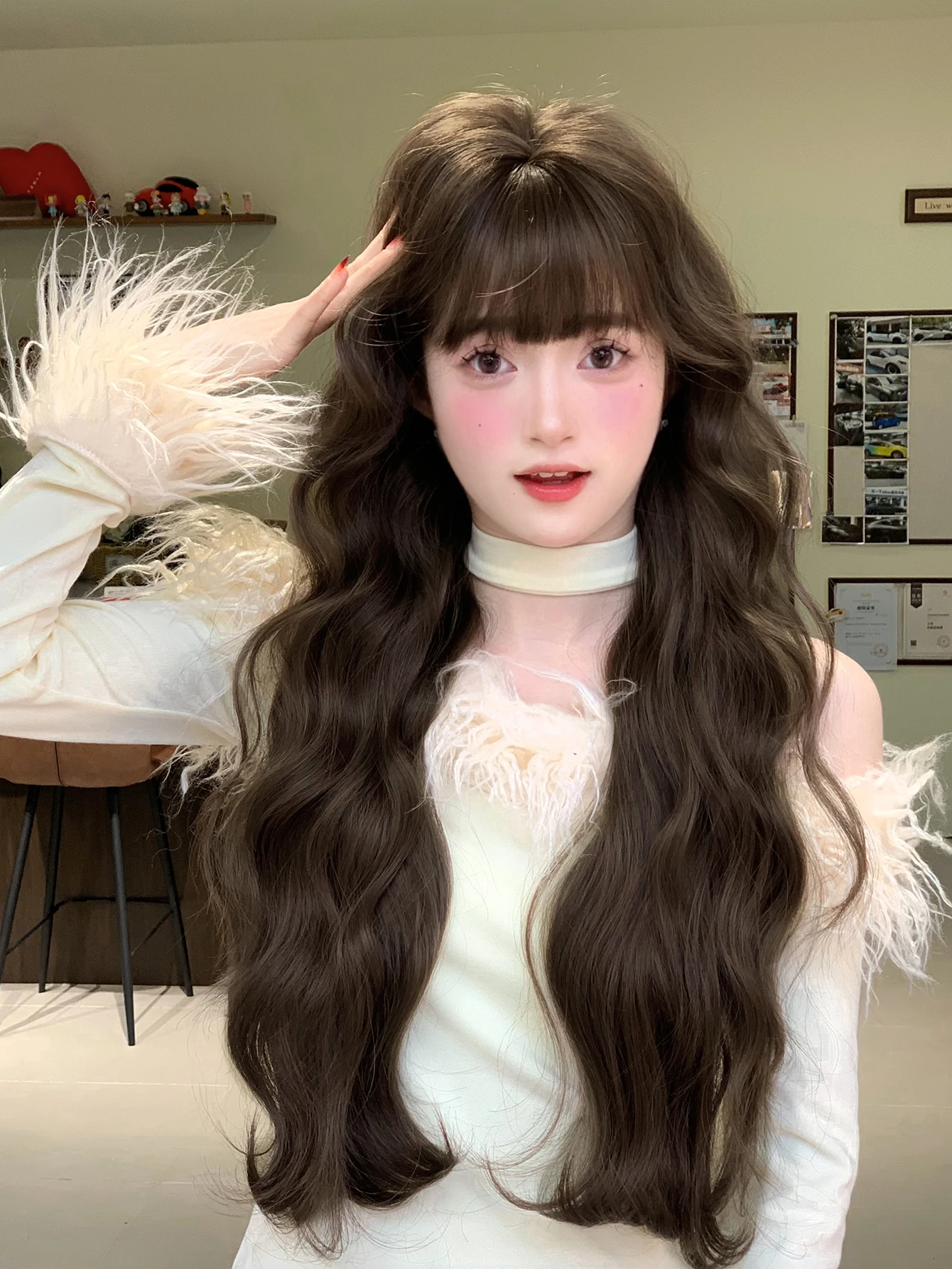 28Inch Cold Brown Color Lady Style Synthetic Wigs with Bang Long Wavy Hair Wig for Women Daily Use Cosplay Drag Heat Resistant