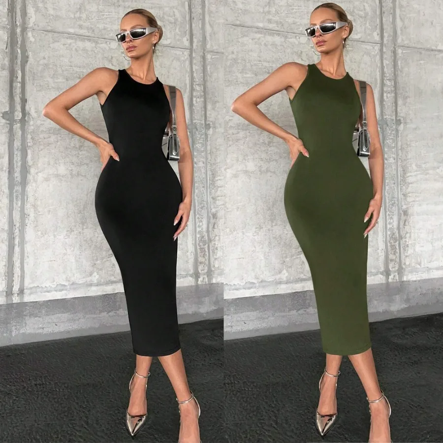 

【New style】- European and American women's clothing 2026 spring and summer solid color slim sexy hollow vest dress