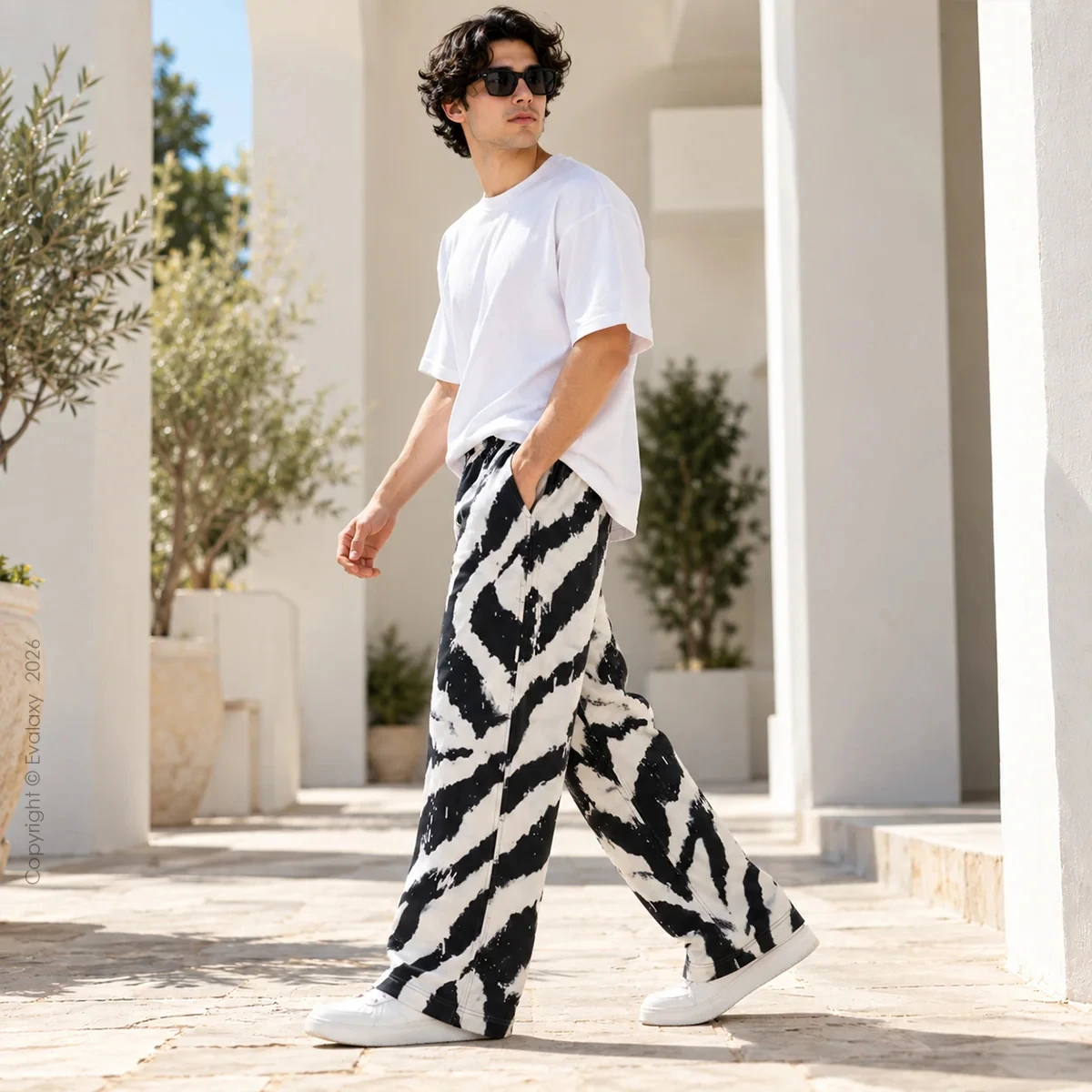 Black White Splash Stripe Trendy Casual Long Pants, Cool Soft Skin Friendly Touch for Adults and Kids City Street Photo Shoot