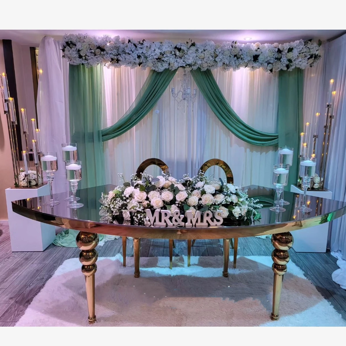 

1pcs)Luxury Shape Gold Metal Mirrored Glass Top Double Bird's Nest Base Wedding Tables Luxury