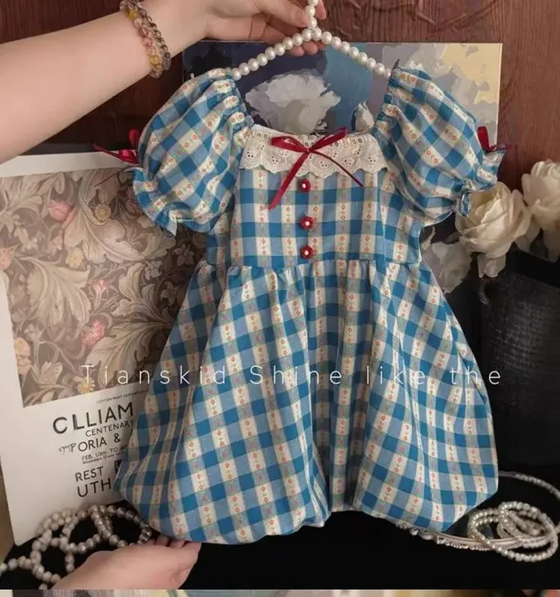 Girls Dress Summer Korean Version Children's Retro Plaid Dress with Bow Design Western Princess Style Blue Dress 2026 New