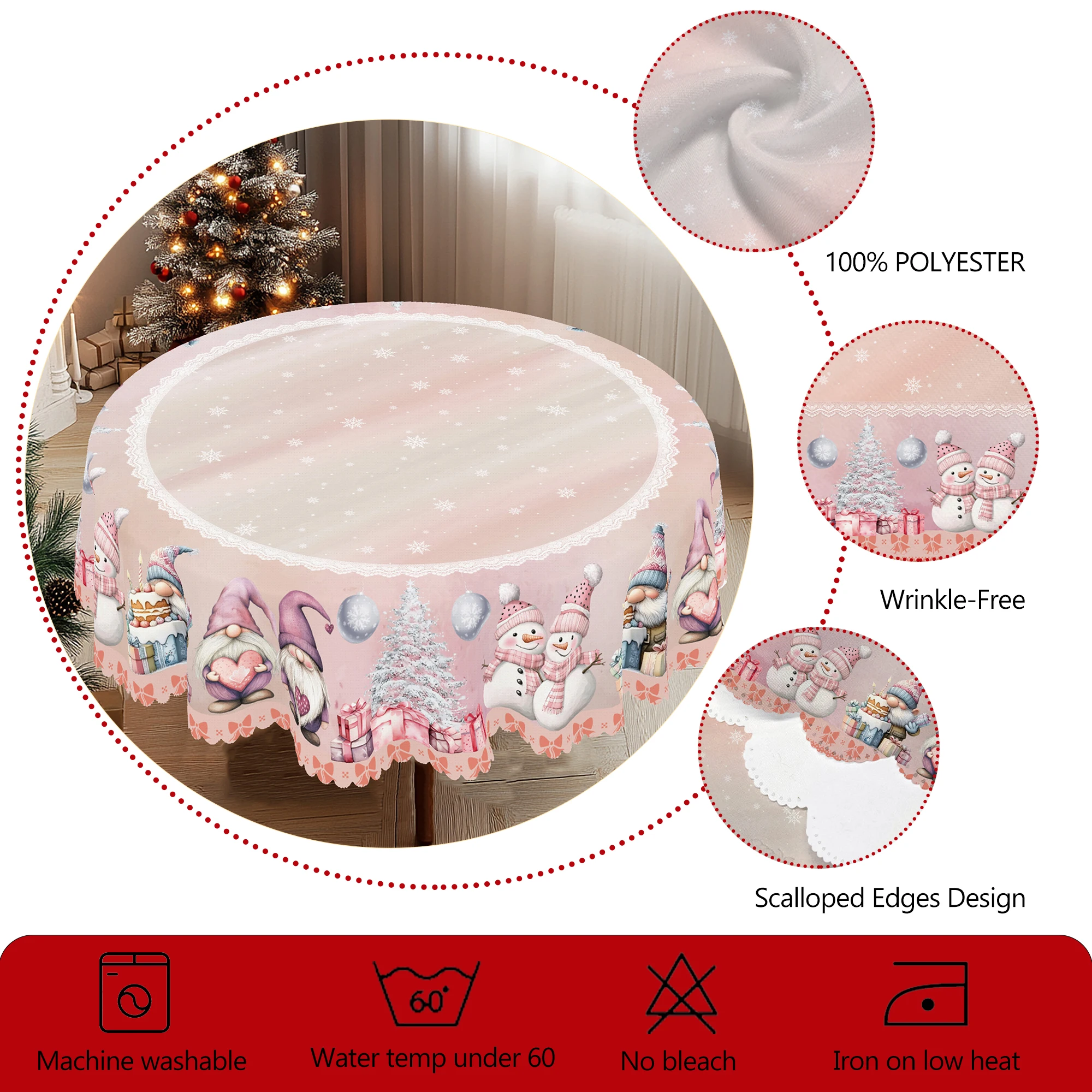 1-delig rond en rechthoekig tafelkleed met kerstthema, verkrijgbaar in verschillende maten, met kerstroze sneeuwpoppen en bosprintpatronen, sneeuwvloktafelkleed geschikt voor dagelijks gebruik in de keuken, terras en een nieuwjaarscadeau