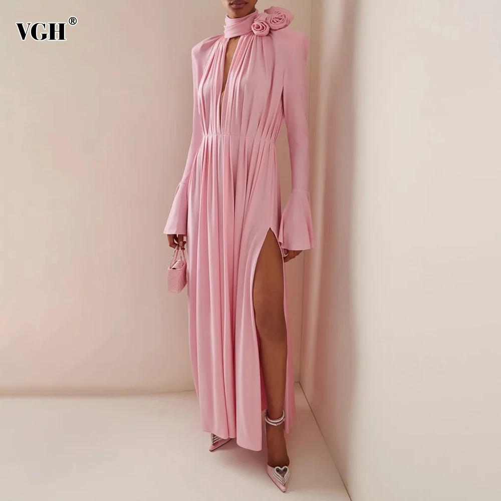 

VGH Spliced Appliques Ruched Dresses For Women Half High Collar Flare Sleeve High Waist Split Thigh Solid Dress Female Clothes