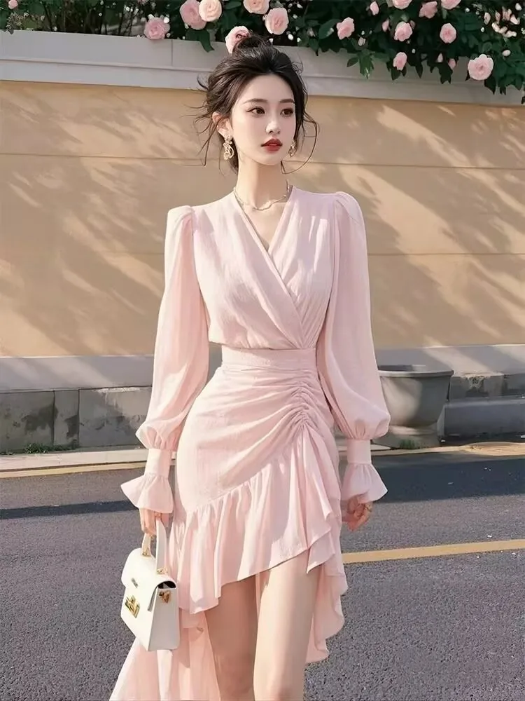 Elegant Layer Ruffles Hem Yellow Dress Women Chic Long Sleeve Chiffon Button A-line Cake Dress New Ladies High Street Vestidos