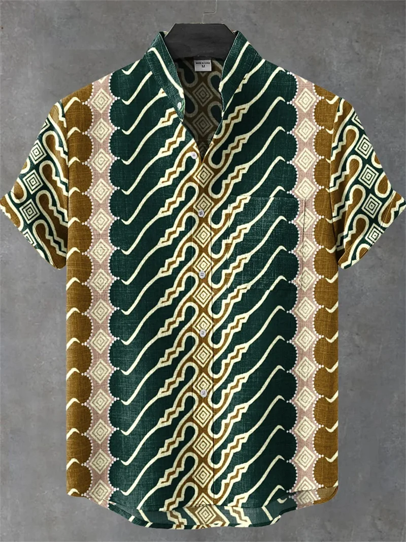 قميص رجالي قصير الأكمام بتصميم عتيق على الطراز العرقي لأشعة الشمس والشجرة، قميص كتان كاجوال بطباعة موجة فنية،