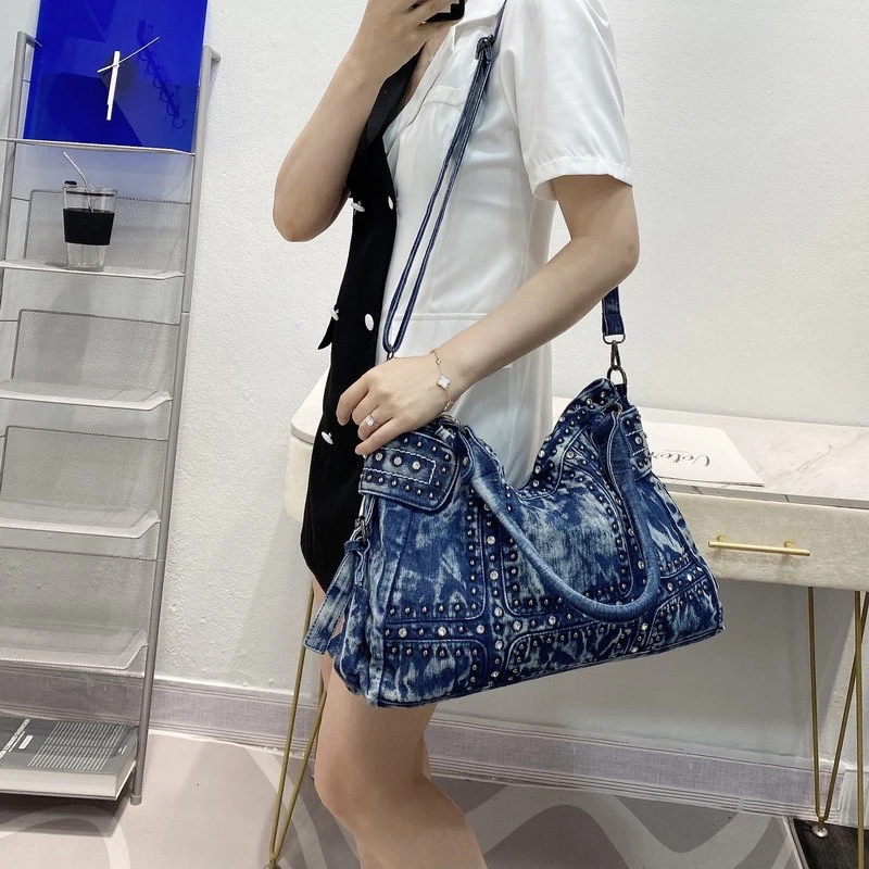 Large Capacity Denim Cloth Tote Bags For Women Luxury Designer Handbag Purse 2024 New In Mosaic Rivet Imitation Diamond Shoulder