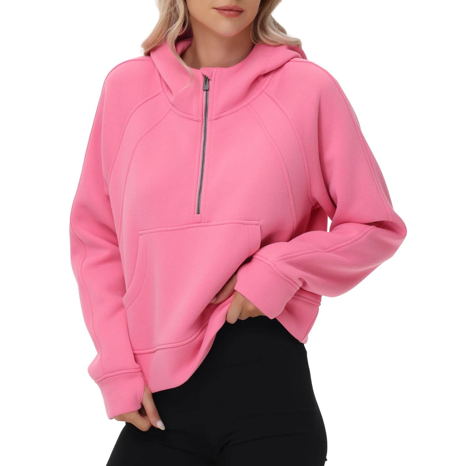 Women\'s Fleece Pullover Solid Warm Hoodies Half Zipper Long Sleeve Sweatshirts Tracksuits Outfits Short-style Sports Suit