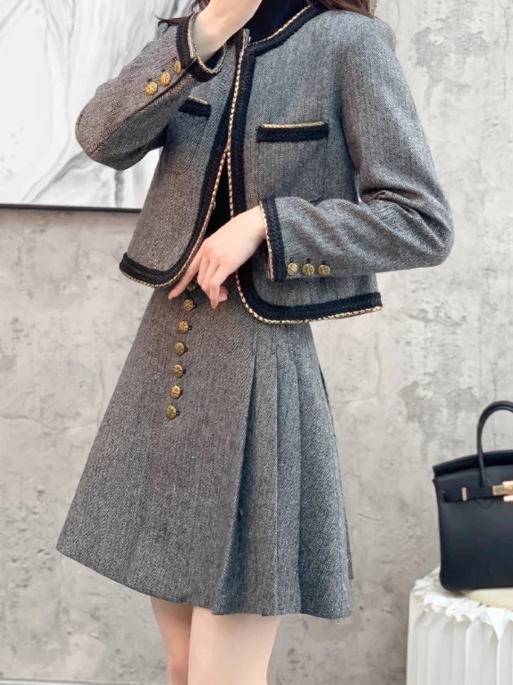 French Elegant Socialite Commuter Fashion Sets Round Neck Slim Jacket High Waist A-line Pleated Skirt Two-piece Set Women Autumn