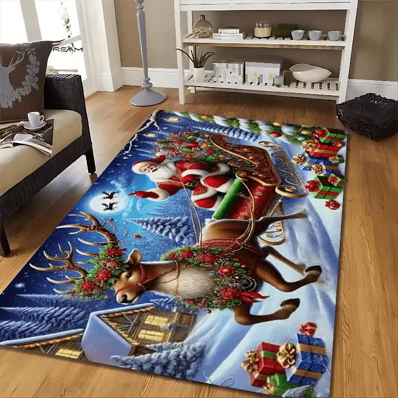 Christmas Home Floor Rug Poinsettia Holly Pine Berry Print Rug For Holiday Party Arrangement