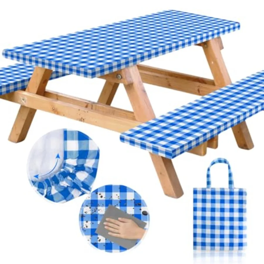

Vinyl Fitted Picnic Table Cover with Bench Covers and Bag, Outdoor Waterproof Picnic Tablecloth with Elastic Edges, 96x30 Inch