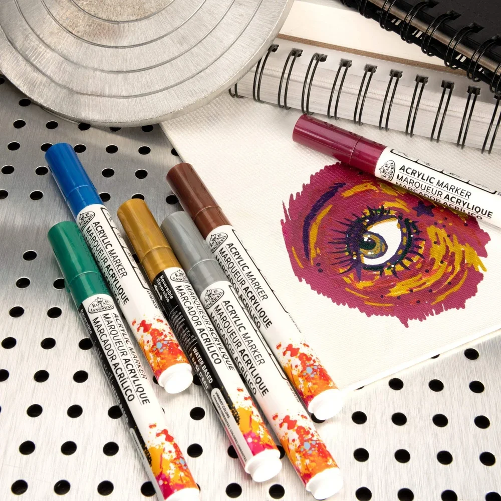 6 Piece Acrylic Reversible Tip Metallic Art Markers Non-Toxic Multi-Surface Craft Pens Fine Detail Illustration Drawing