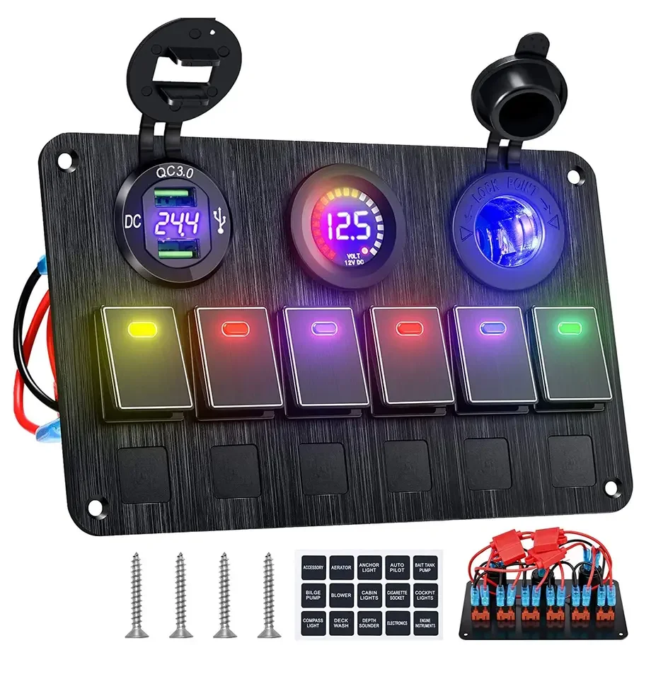 

New 6 Gang Aluminum Switch Panel ON-OFF LED Car Light Switch Colored Light Marine Rocker Switch Panel With USB for Motorcycle RV