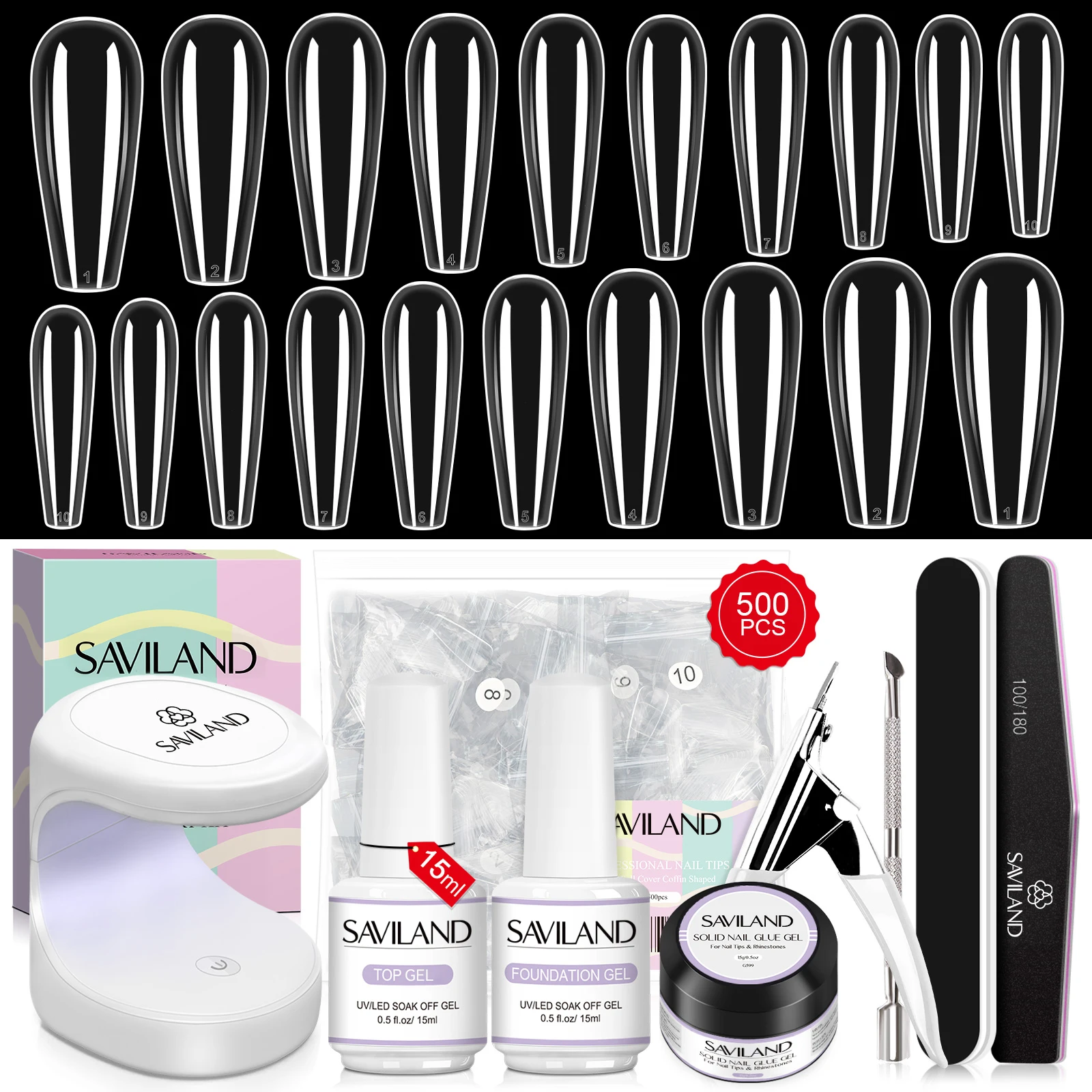 Saviland 500 stücke gel x nagel kit für verlängerung nagels pitzen volle abdeckung drücken auf nägel geformte sarg mandel mit uv led nagel lampe