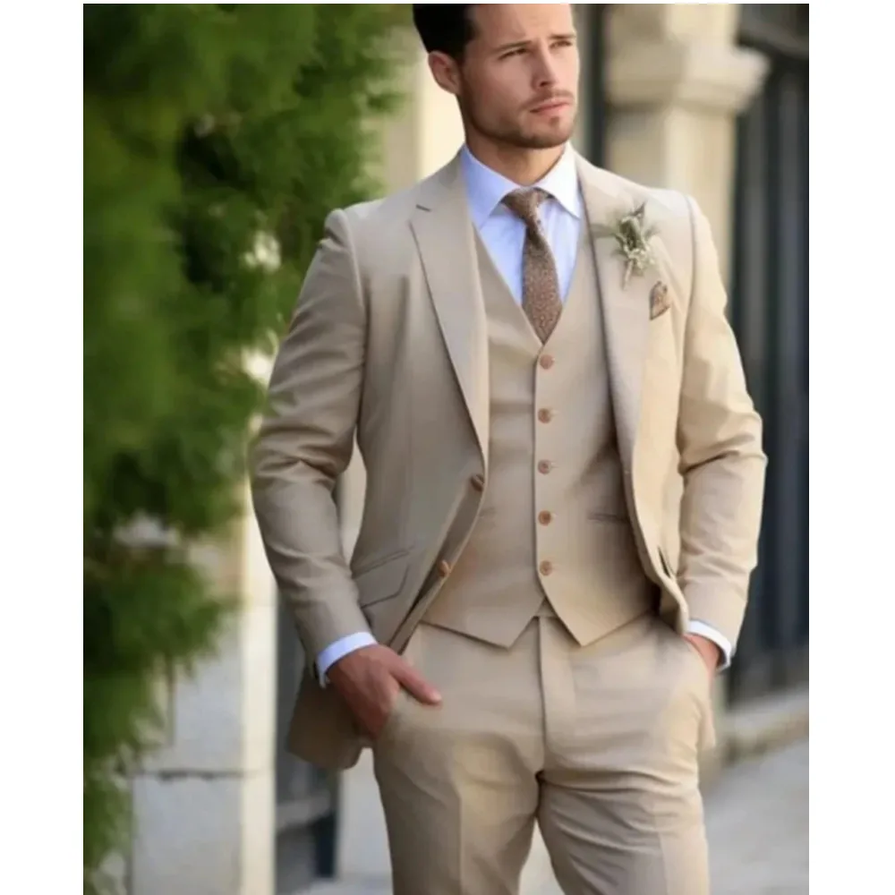 Champagne mens Tuxedo Wedding Suits For Men Bespoke Groom Wear Formal Fashion Men Suit Prom Party Blazer+Pants+Vest