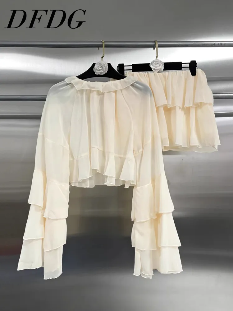 

DFDG женский весенне-летний бежевый многоуровневый комплект из двух предметов с рюшами, топ с длинными рукавами, юбка, повседневная одежда, 2025 г., модный женский модный комплект