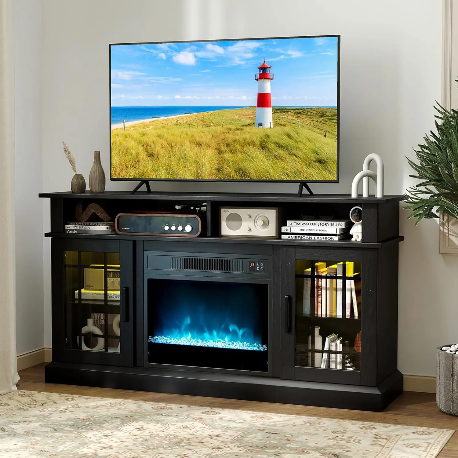 

48" TV Stand with 19" Electric Fireplace for TVs Up to 40 inch, Media Entertainment Center with 16-Color LED Lights, TV Conso