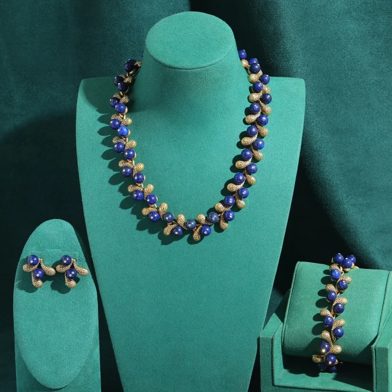 Vintage Green Agate Lazuli Stone Fruit Jewelry Sets Necklace Earrings Bracelet White Zircon Luxury Retro High Quality Party Gift