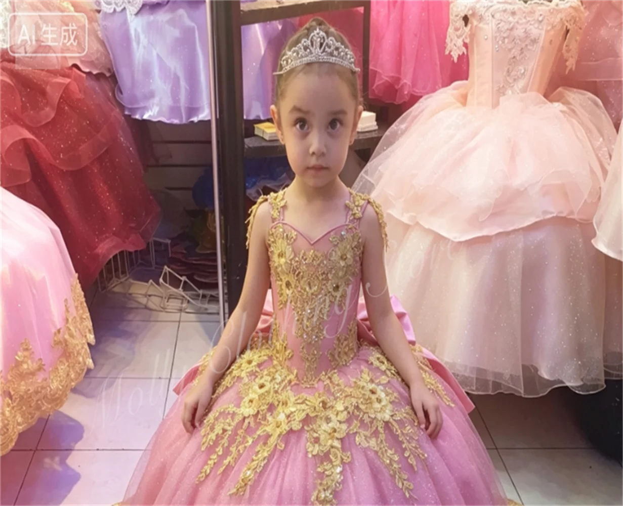 Cute Flower Girl Dress Wedding Luxurious Gold Lace Trailing Princess First Communion Formal Event Evening Dress