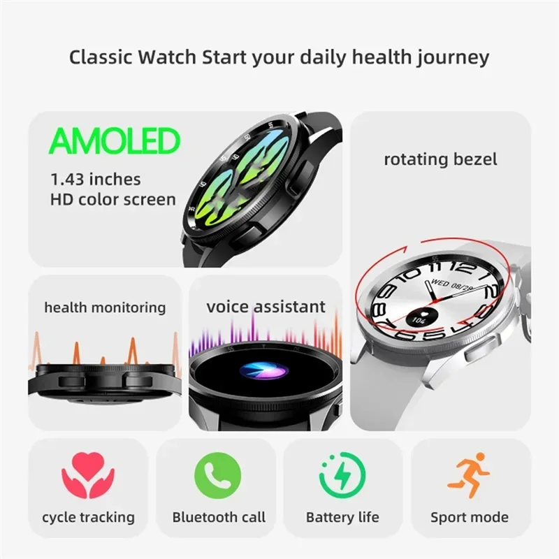 B63B-JS ساعة 6 ماكس ساعة ذكية 1.43 بوصة أزرار مزدوجة الرجال النساء بلوتوث شحن لاسلكي Smartwatch ساعة رياضية