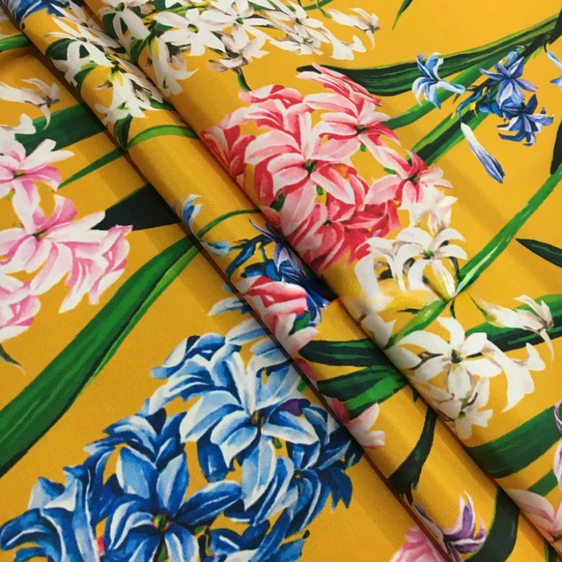 145*50cm European brand yellow bottom hyacinth digital printing imitation silk elastic satin clothing fabric