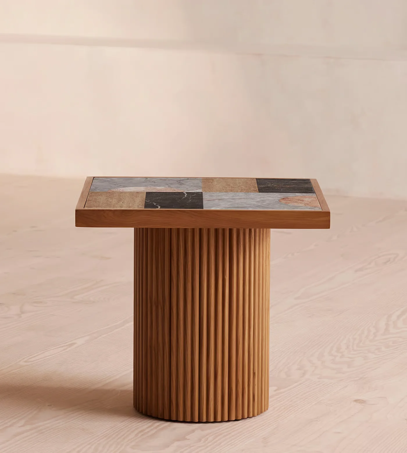 Square Side Table With Polished Jade Shell Travertine Tabletop and Fluted Wood Base for Living Room Coffee Table