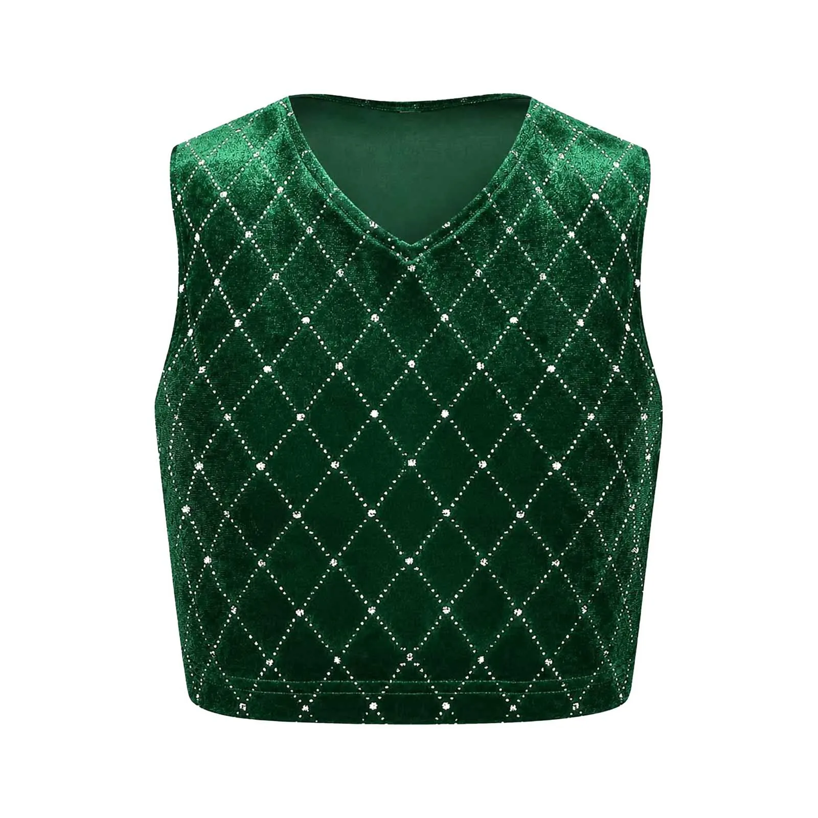 Kids Girls Velvet Vest V-neck Sleeveless Waistciats Shiny Rhinestone Argyle Pullover Tops for Christmas Party New Year Costume