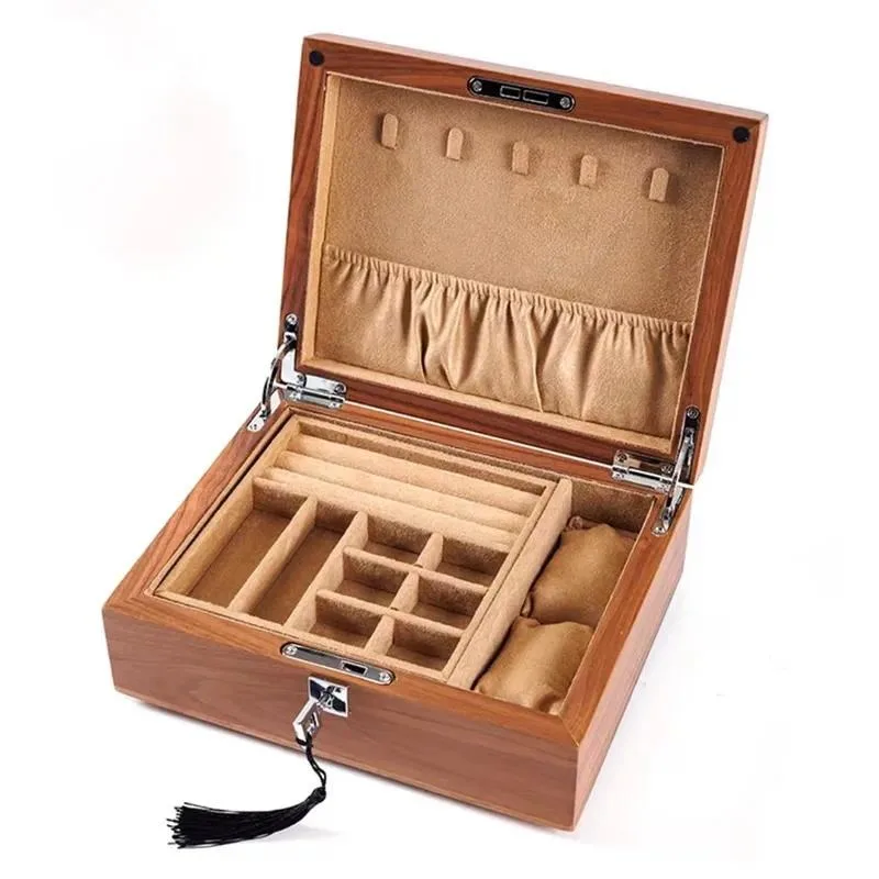 Luxury Foldable Modern Square Walnut Jewelry Box with Lock Drawer Solid Wood Storage Cabinet for Rings Necklaces Gifts