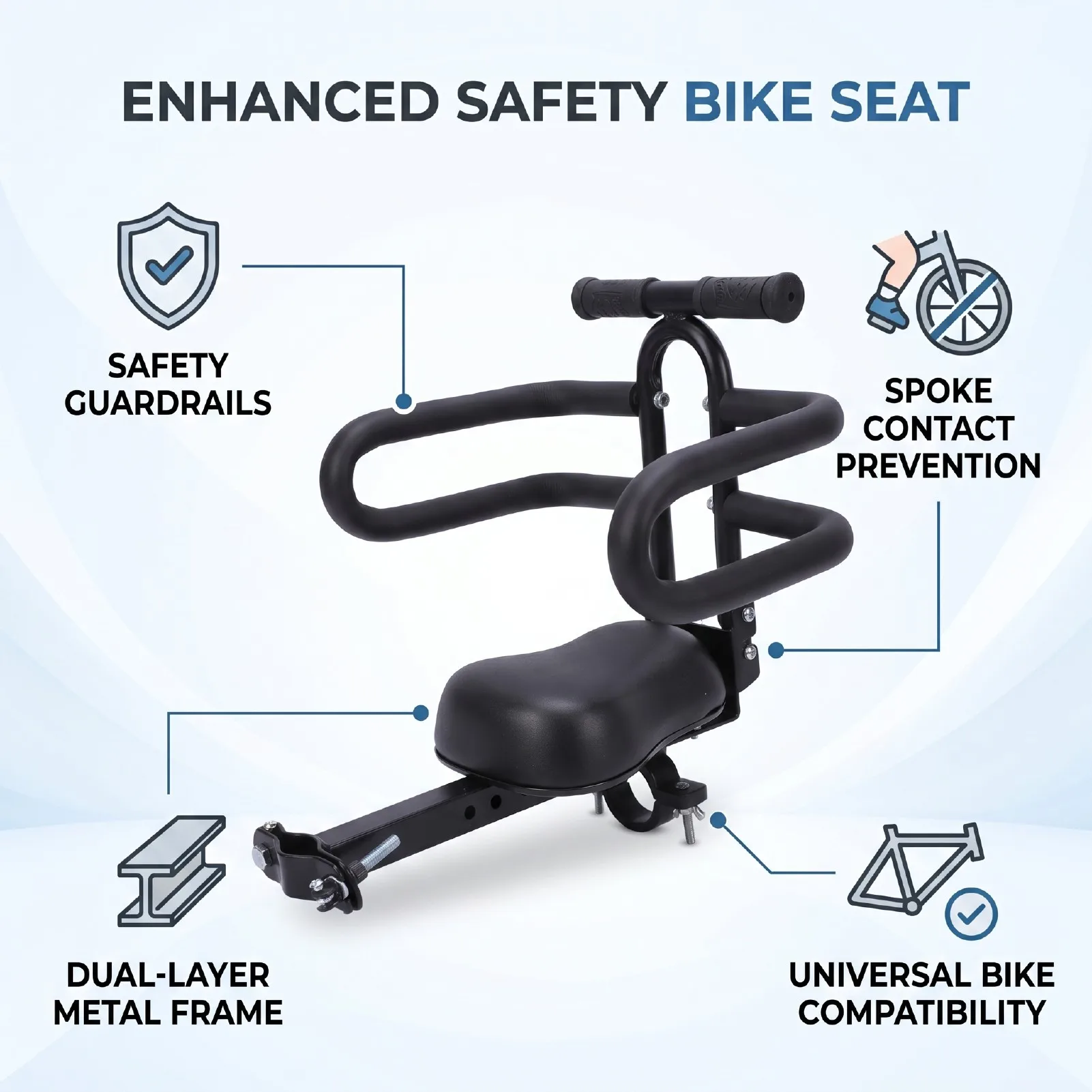 Front Mounted Toddler Bike Seat Guardrail Security Prevent Slipping Spoke Bike Seat Durable Metal Double Frame for Crossbar Bike