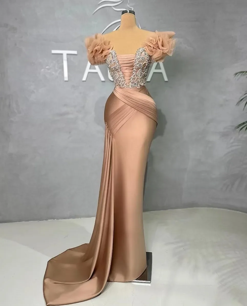 Prom Dress Customized 2025 Gold A-Line Strapless Ruffles Evening Dresses Luxury Gowns For Women Party Couture فساتين سهره فاخره