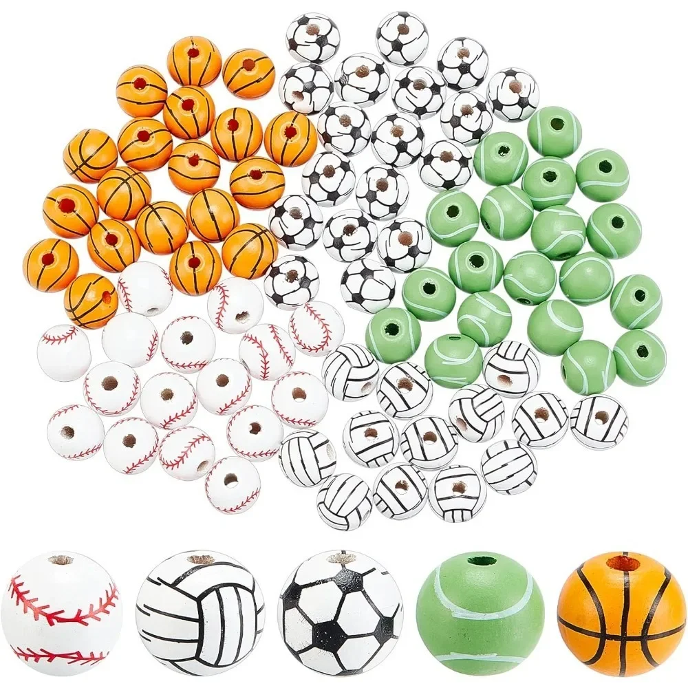 

5 Styles Sport Beads Wood Beads Garland Sports Ball Bead 16mm Wooden Beads Football Basketball Baseball Soccer Bead Kit